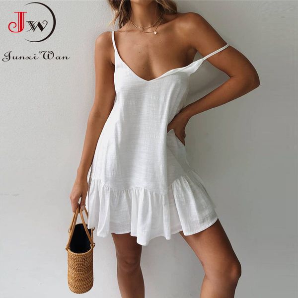 white summer dress women solid v-neck ruffled spaghetti strap mini casual beach short vestidos yellow 210510, Black;gray
white summer dress women solid v-neck ruffled spaghetti strap mini casual beach short vestidos yellow 210510, Black;gray