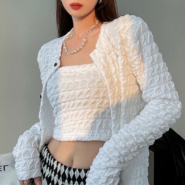 women's knits & tees pure desire wind three-dimensional bubble sleeve casual short shoulder pad long cardigan + navel tube vest, White
women's knits & tees pure desire wind three-dimensional bubble sleeve casual short shoulder pad long cardigan + navel tube vest, White