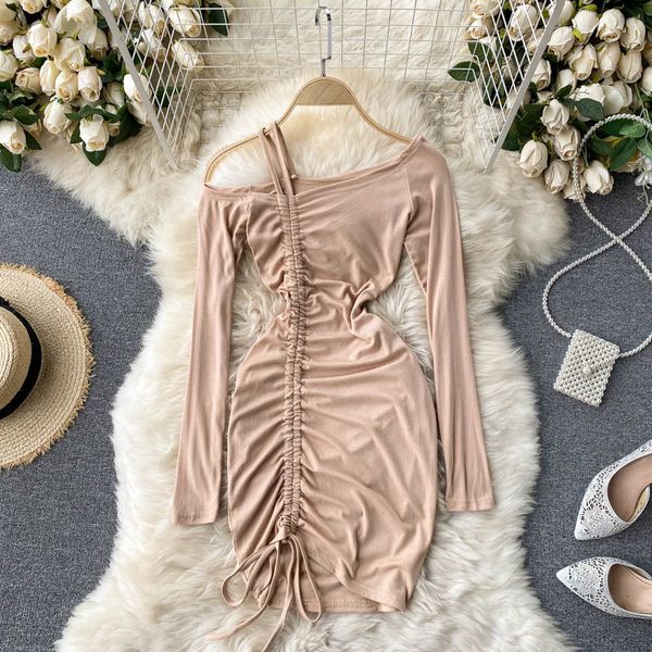 casual dresses one shoulder strap drawstring ruched bodycon women spring summer long sleeve slim club party mini vestidos vz4, Black;gray
casual dresses one shoulder strap drawstring ruched bodycon women spring summer long sleeve slim club party mini vestidos vz4, Black;gray