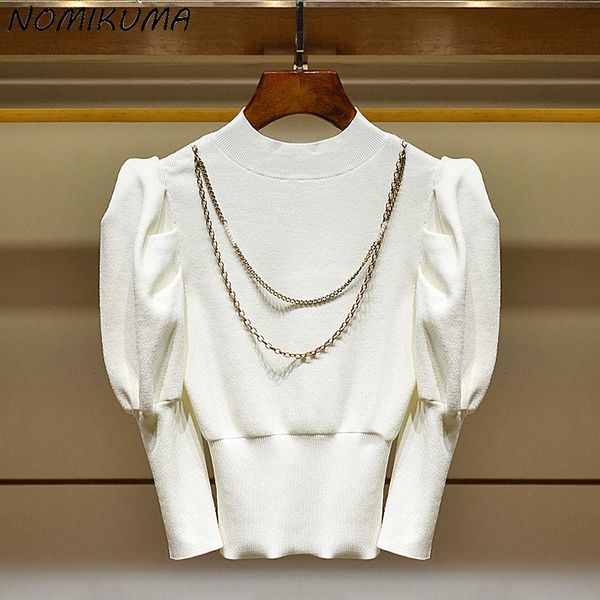 women's sweaters nomikuma chic chain slim short knitted pullovers korean 2021 autumn puff sleeve knitwear causal solid women 6v078, White;black
women's sweaters nomikuma chic chain slim short knitted pullovers korean 2021 autumn puff sleeve knitwear causal solid women 6v078, White;black