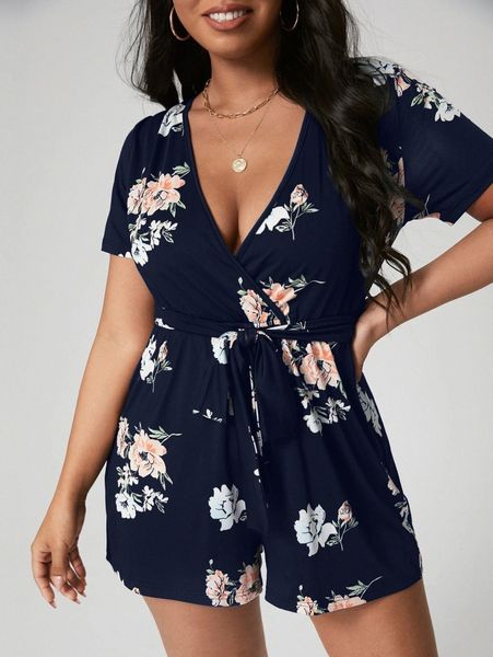 plus floral plunging neck belted romper v3wk#, Black