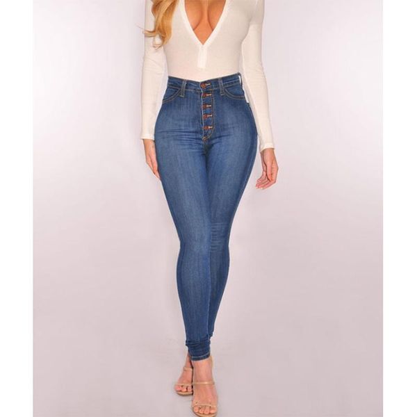 women's jeans spring and autumn fashion high waist slim elastic multi-pocket single-breasted access control, Blue 
women's jeans spring and autumn fashion high waist slim elastic multi-pocket single-breasted access control, Blue