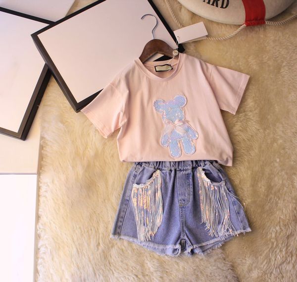 girls summer clothing set pink t-shirt jeans shorts sequins little bear and tassel pocket, White
girls summer clothing set pink t-shirt jeans shorts sequins little bear and tassel pocket, White