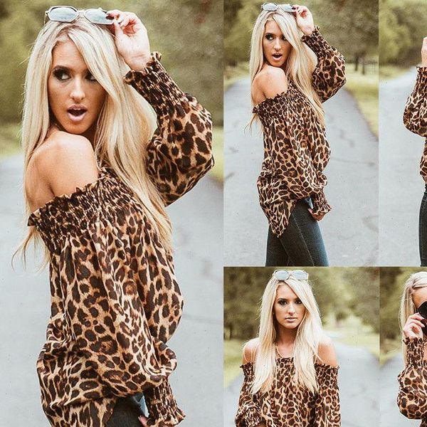 off shoulder leopard printed womens shirts fashion casual long sleeve loose puff club party blouse, White 
off shoulder leopard printed womens shirts fashion casual long sleeve loose puff club party blouse, White