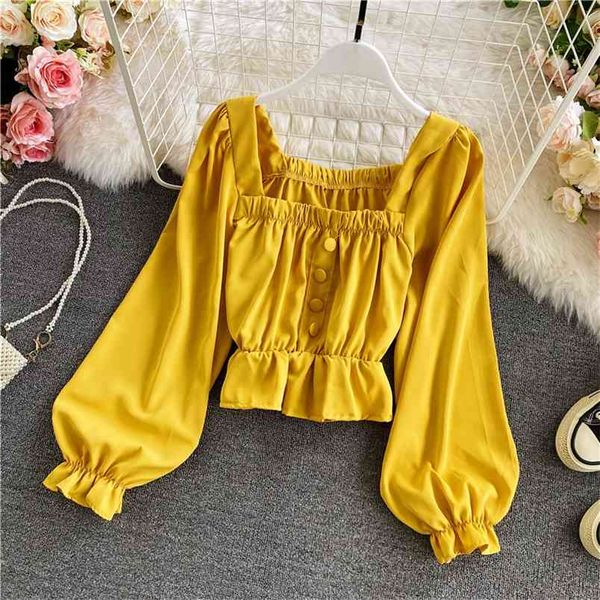 women's spring autumn blouse temperament slim square collar puff sleeve short waist ruffled shirts female c008 210506, White
women's spring autumn blouse temperament slim square collar puff sleeve short waist ruffled shirts female c008 210506, White