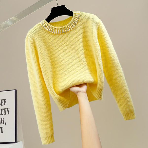 women's sweaters 2021 autum winter knitwear woman beads diamond round neck pullover solid yellow sweater loose knitting top, White;black
women's sweaters 2021 autum winter knitwear woman beads diamond round neck pullover solid yellow sweater loose knitting top, White;black