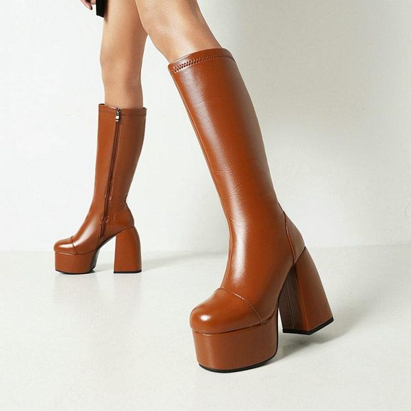 boots aiweiyi woman knee high black brown thigh square toe chunky heels ladies motorcycle