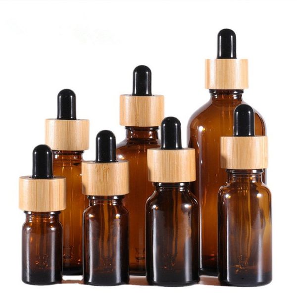 Image of 15ml 20ml 30ml 50ml 100ml Empty Refillable Bottle Amber Glass Dropper Vial Sample Bottles Jars with Bamboo Cap Essential Oil Perfume