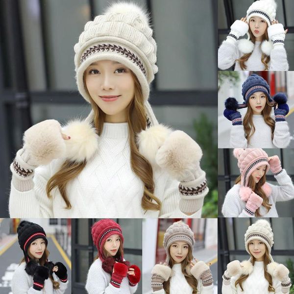 beanie/skull caps women's winter hat female add fur lining knitted with gloves set pompoms ball beanie cap girls thick warm #y5, Blue;gray
beanie/skull caps women's winter hat female add fur lining knitted with gloves set pompoms ball beanie cap girls thick warm #y5, Blue;gray