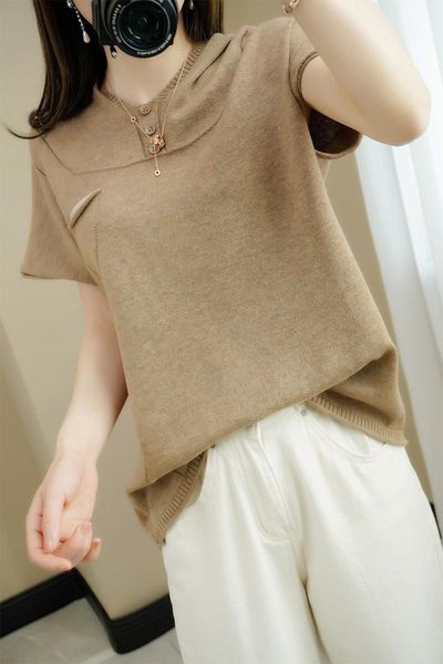 women's t-shirt spring summer hooded collar women loose casual worsted cotton knitted short-sleeved pullover all-match sweater tees, White
women's t-shirt spring summer hooded collar women loose casual worsted cotton knitted short-sleeved pullover all-match sweater tees, White