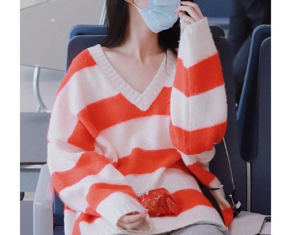 sweater loose orange striped stitching v-neck color block 2021 fall women k2mh, White;black
sweater loose orange striped stitching v-neck color block 2021 fall women k2mh, White;black