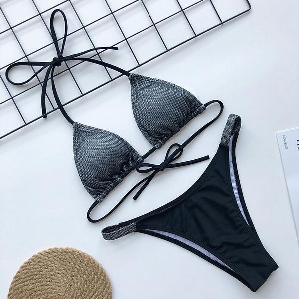 women's swimwear halterneck shiny 2 peice set women lace up sequin bikini low waist triangle push bathing woman swimsuit, White;black
women's swimwear halterneck shiny 2 peice set women lace up sequin bikini low waist triangle push bathing woman swimsuit, White;black