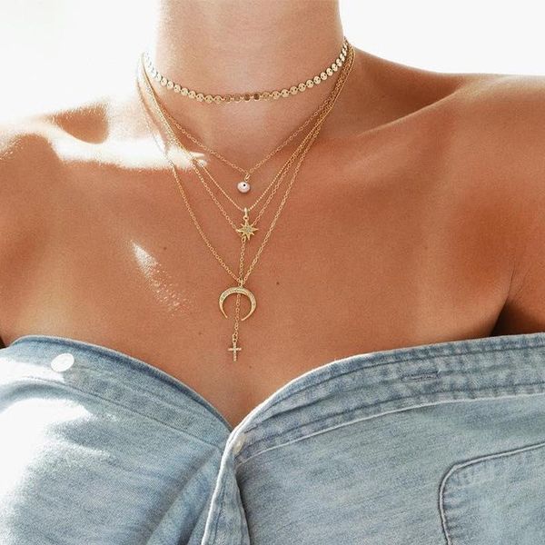 pendant necklaces bohemian gold crystal moon star multilayer necklace set fashion sequins choker for women jewelry accessories, Silver
pendant necklaces bohemian gold crystal moon star multilayer necklace set fashion sequins choker for women jewelry accessories, Silver