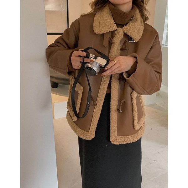 women's leather & faux lambing fur coat winter thickened fashion versatile plush jacket motorcycle, Black
women's leather & faux lambing fur coat winter thickened fashion versatile plush jacket motorcycle, Black