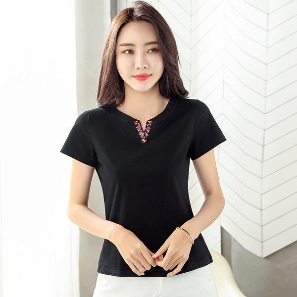 korea style summer v-neck cotton embroidered t-shirt women's fashion slim casual ladies short-sleeved tees, White
korea style summer v-neck cotton embroidered t-shirt women's fashion slim casual ladies short-sleeved tees, White