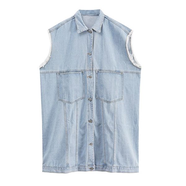 women denim light blue turn down collar sleeveless vest medium length jacket loose button pocket c0119 210514, Black;white
women denim light blue turn down collar sleeveless vest medium length jacket loose button pocket c0119 210514, Black;white