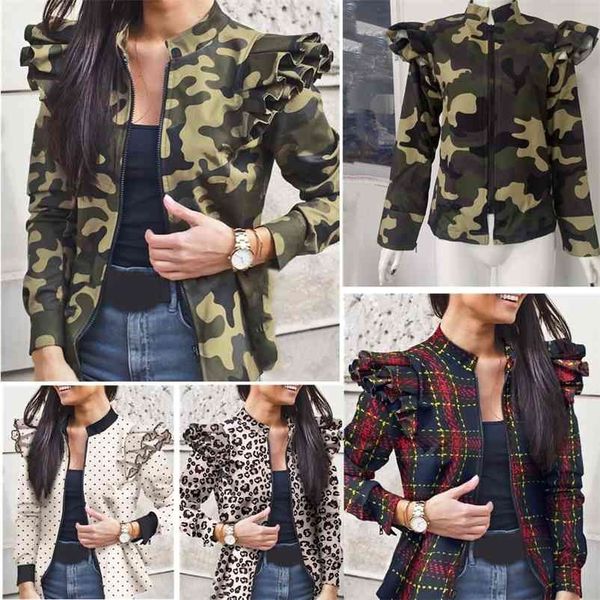 women autumn slim zipper ruffles jacket camouflage plaid dot print spring short coat woman femme veste outerwear 210520, Black;brown
women autumn slim zipper ruffles jacket camouflage plaid dot print spring short coat woman femme veste outerwear 210520, Black;brown