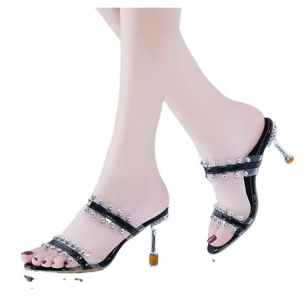 sandals high-heeled women's shoes transparent half drag open toe fashion rivet slippers, Black
sandals high-heeled women's shoes transparent half drag open toe fashion rivet slippers, Black