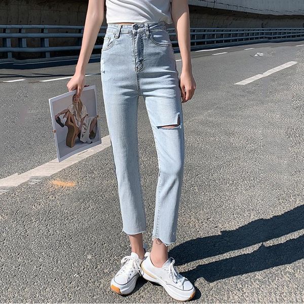 women's jeans spring and summer high-waisted loose-fitting slim nine-point pants light-colored ripped women 2021, Blue
women's jeans spring and summer high-waisted loose-fitting slim nine-point pants light-colored ripped women 2021, Blue