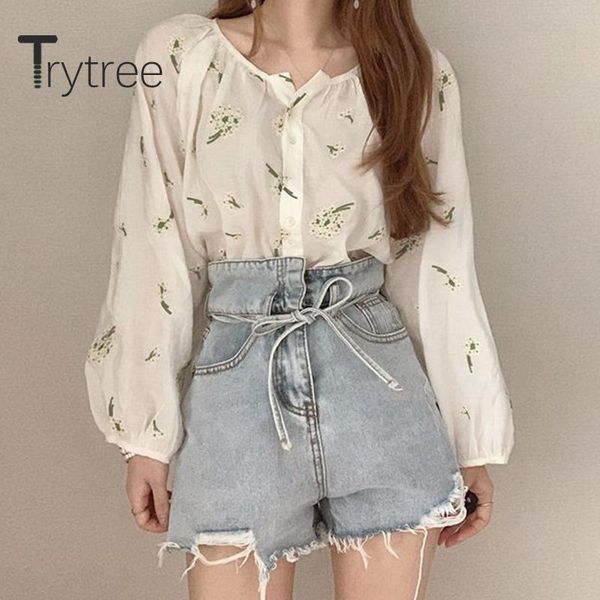 women's blouses & shirts trytree 2021 spring women casual blouse o-neck single breasted fashion print vintage elegant all-purpose style, White 
women's blouses & shirts trytree 2021 spring women casual blouse o-neck single breasted fashion print vintage elegant all-purpose style, White