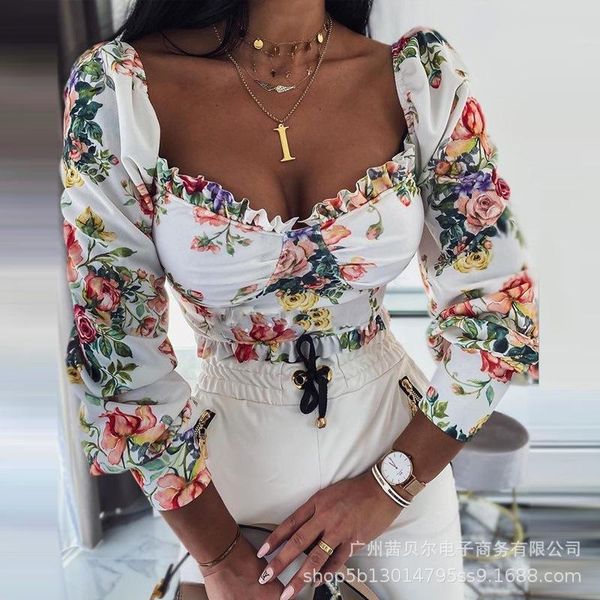 women's blouses & shirts wepbel summer spring blouse shirt full sleeve clothes flower printed floral square collar short sexy, White 
women's blouses & shirts wepbel summer spring blouse shirt full sleeve clothes flower printed floral square collar short sexy, White