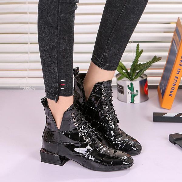 boots high single shoes patent leather square large size women's root pattern lace up fashion, Black
boots high single shoes patent leather square large size women's root pattern lace up fashion, Black