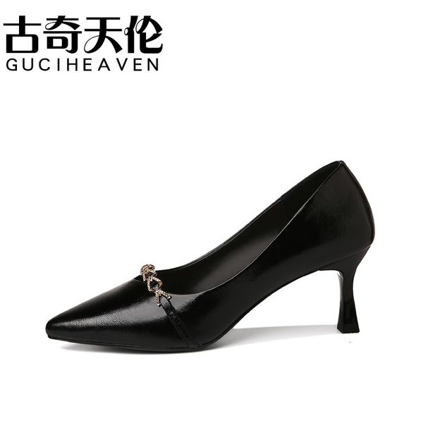 women's 2021 black spring and autumn high heels thick heel soft leather pointed korean single sho