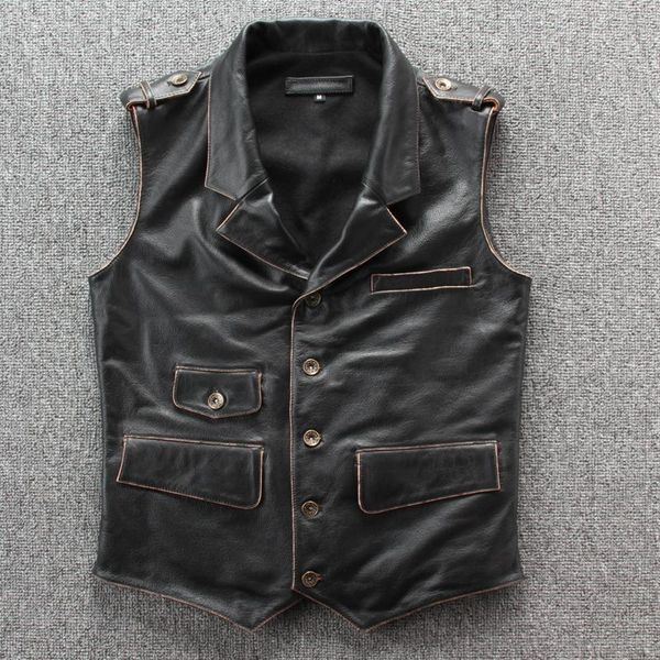 men's vests 2021 vintage black men genuine biker' leather vest single breasted slim fit short cowhide riding, Black;white
men's vests 2021 vintage black men genuine biker' leather vest single breasted slim fit short cowhide riding, Black;white