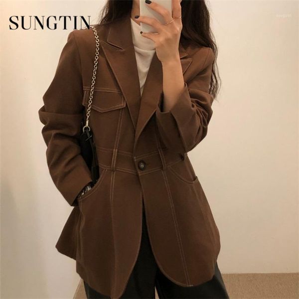 sungtin korea casual vintage line designed balzer jacket women single button chic shoulder pads blazer coat female retro outwear, White;black
sungtin korea casual vintage line designed balzer jacket women single button chic shoulder pads blazer coat female retro outwear, White;black