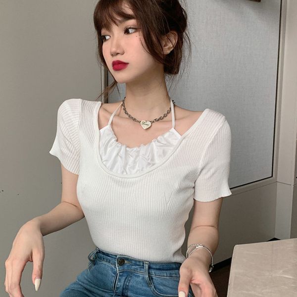lucyever women's halter kintted t shirts summer fashion patchwork short sleeve tshirt woman elastic slim fit tees female 210521, White
lucyever women's halter kintted t shirts summer fashion patchwork short sleeve tshirt woman elastic slim fit tees female 210521, White
