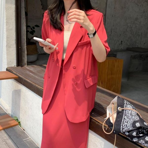 two piece dress office women's skirt suit sets summer outfit loose short sleeve red blazer jacket high waist long solid set, White
two piece dress office women's skirt suit sets summer outfit loose short sleeve red blazer jacket high waist long solid set, White