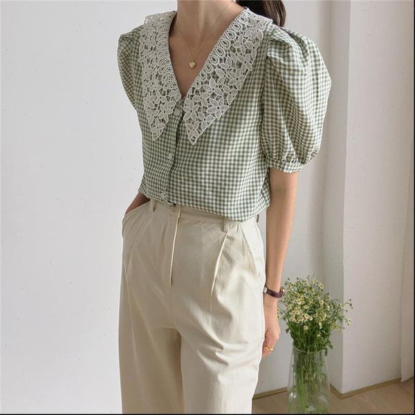 women shirts hzirip peter pan collar plaid patchwork lace thin chic sweet plus summer puff sleeves all match loose, White
women shirts hzirip peter pan collar plaid patchwork lace thin chic sweet plus summer puff sleeves all match loose, White