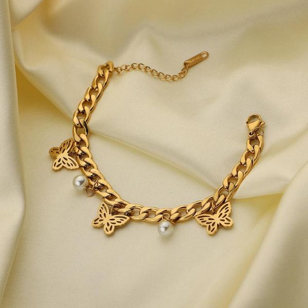 link, chain dainty miami cuban chunky bracelets hanging down three glossy butterflies two pearl, Black
link, chain dainty miami cuban chunky bracelets hanging down three glossy butterflies two pearl, Black
