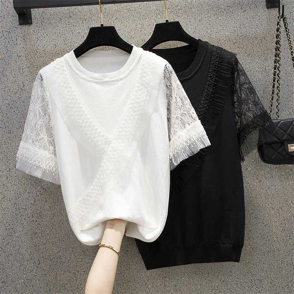 l-4xl plus size women lace shirt pullover short sleeve o neck patchwork loose casual solid oversized kint sweater jumper 210604, White;black
l-4xl plus size women lace shirt pullover short sleeve o neck patchwork loose casual solid oversized kint sweater jumper 210604, White;black