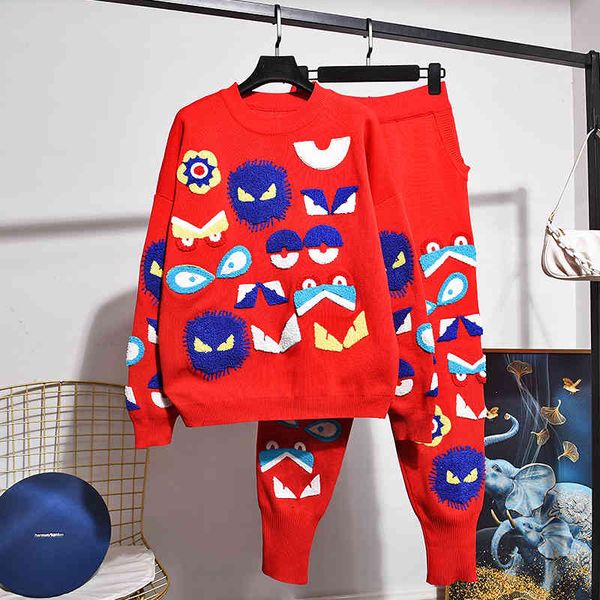 women's two piece pants fashion gray black red tracksuits women knitted set handwork embroidery sweater pencil outfits female loos, White 
women's two piece pants fashion gray black red tracksuits women knitted set handwork embroidery sweater pencil outfits female loos, White