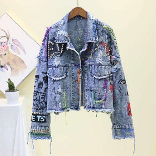 women's jackets outerwear blue denim jacket coat 2021 spring jean women coats female graffiti rivet short chaqueta, Black;brown
women's jackets outerwear blue denim jacket coat 2021 spring jean women coats female graffiti rivet short chaqueta, Black;brown