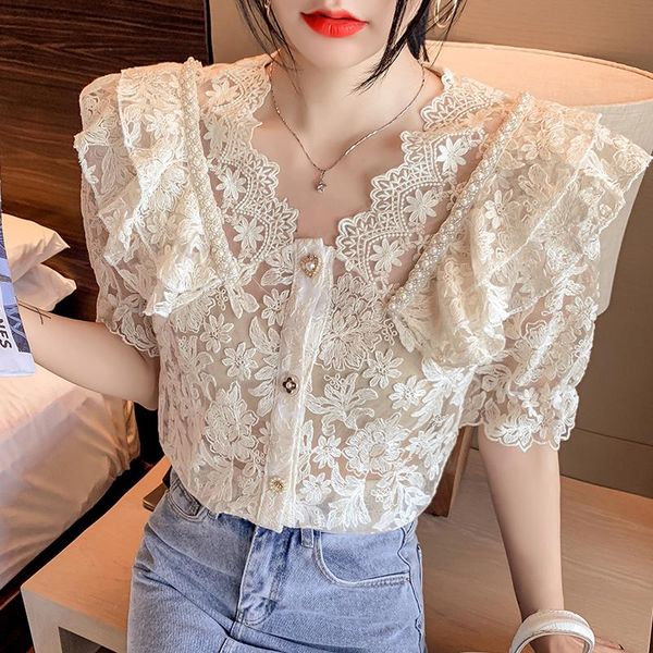women's blouses & shirts woman style ruffled lace shirt summer 2021 french retro small temperament v-neck short-sleeved mesh top, White
women's blouses & shirts woman style ruffled lace shirt summer 2021 french retro small temperament v-neck short-sleeved mesh top, White