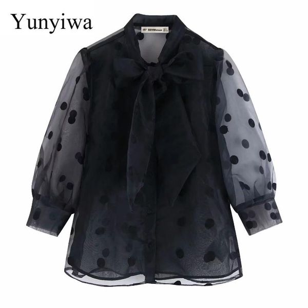 women's blouses & shirts women fashion bow tie collar polka dots embroidery black organza blouse ladies transparent chic femininas, White
women's blouses & shirts women fashion bow tie collar polka dots embroidery black organza blouse ladies transparent chic femininas, White