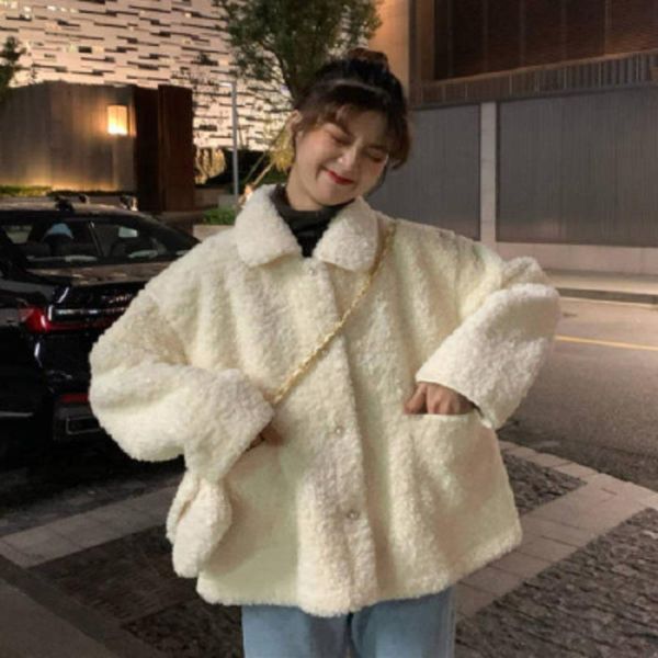 women's wool & blends korean version all-match thick loose oversized lapel imitation lamb coat, Black
women's wool & blends korean version all-match thick loose oversized lapel imitation lamb coat, Black