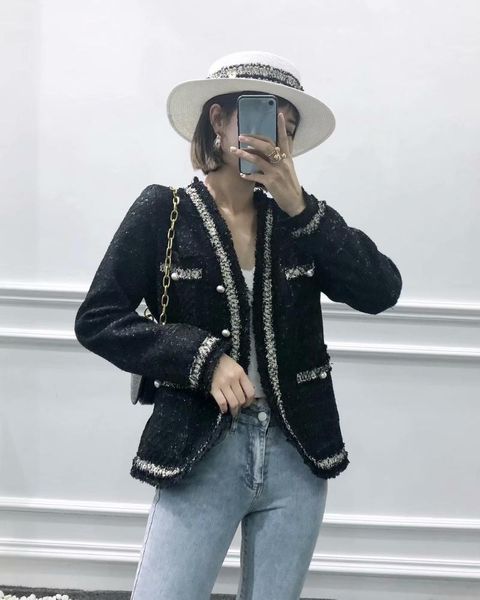 women's wool & blends autumn winter vintage tweed jacket coat women pearl buttons patchwork korean woollen cropped coats elegant short, Black
women's wool & blends autumn winter vintage tweed jacket coat women pearl buttons patchwork korean woollen cropped coats elegant short, Black