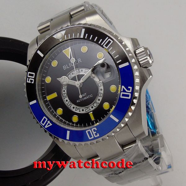 43 mm bliger black iron plate ceramic blue bezel gmt sapphire glass automatic mens watch 203, Slivery;brown
43 mm bliger black iron plate ceramic blue bezel gmt sapphire glass automatic mens watch 203, Slivery;brown