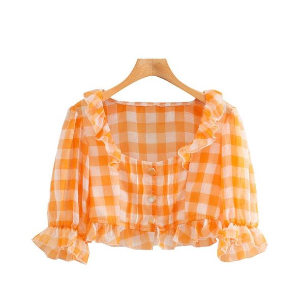 women's blouses & shirts women 2021 sweet fashion ruffled plaid cropped vintage square collar short sleeve female chic, White
women's blouses & shirts women 2021 sweet fashion ruffled plaid cropped vintage square collar short sleeve female chic, White