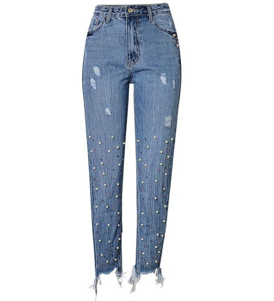 women's jeans high waist slim straight pearl studs irregular tassel hole fashion denim, Blue
women's jeans high waist slim straight pearl studs irregular tassel hole fashion denim, Blue