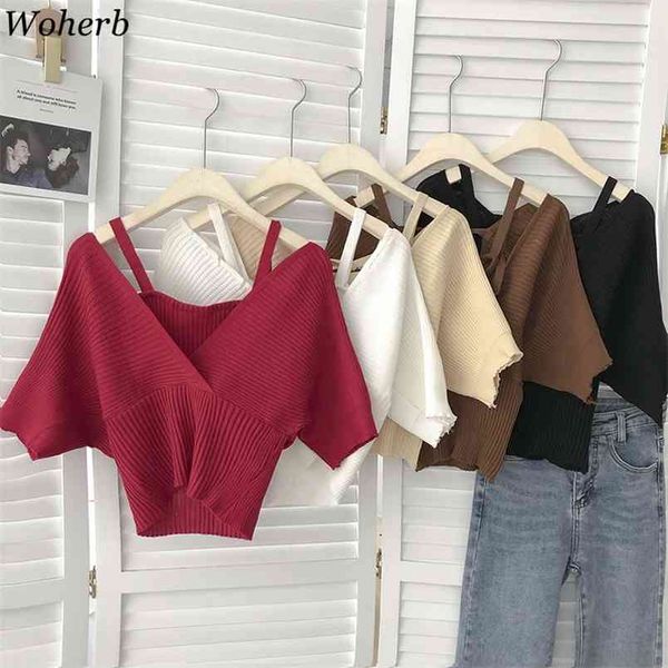 

thin knitted pullover kniwear summer women off shoulder patchwork v-neck short sleeve sweater korean fashion 210519, White