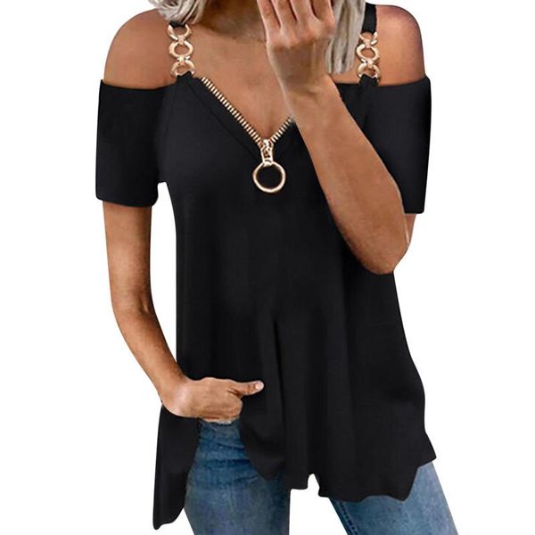 women's t-shirt 2021 slim slimming v-neck zipper off shoulder strap short sleeves tees solid color casual women clothing, White
women's t-shirt 2021 slim slimming v-neck zipper off shoulder strap short sleeves tees solid color casual women clothing, White