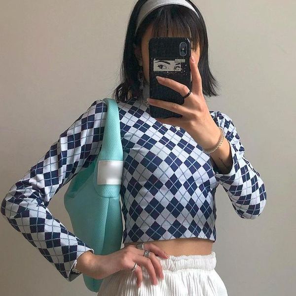 women stylish long sleeve argyle print crop mock neck slim fitted tee shirt 2021 high-neck plaid all-match women's t-shirt, White
women stylish long sleeve argyle print crop mock neck slim fitted tee shirt 2021 high-neck plaid all-match women's t-shirt, White