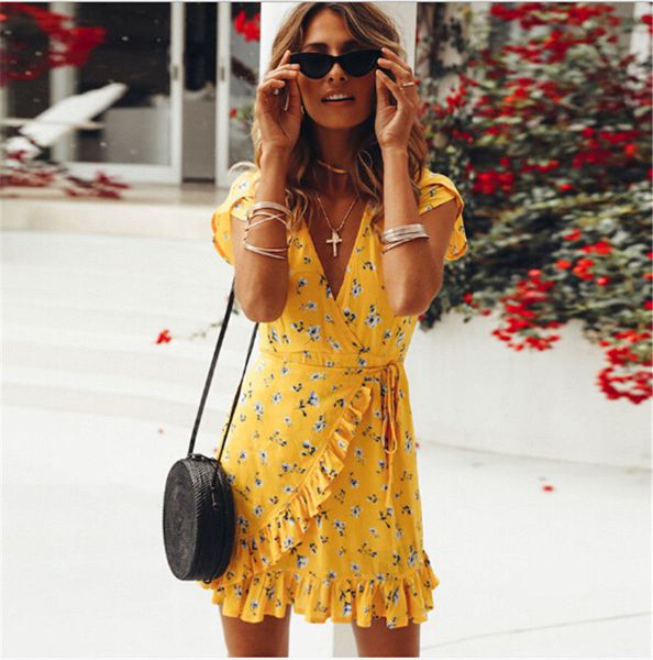 women short sleeve wrap boho floral mini dress fashion ladies summer beach casual v-neck short sundress holiday, Black;white
women short sleeve wrap boho floral mini dress fashion ladies summer beach casual v-neck short sundress holiday, Black;white