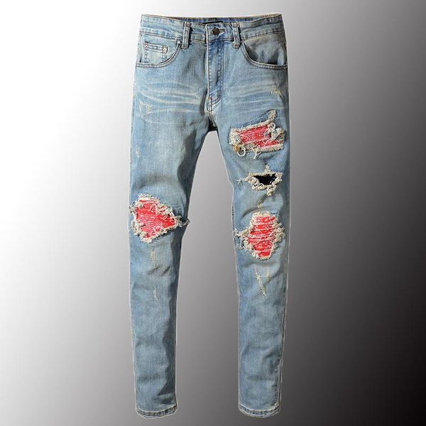 men's jeans mens red printed patch biker for moto skinny patchwork holes ripped stretch denim pants plus size 40, Blue
men's jeans mens red printed patch biker for moto skinny patchwork holes ripped stretch denim pants plus size 40, Blue