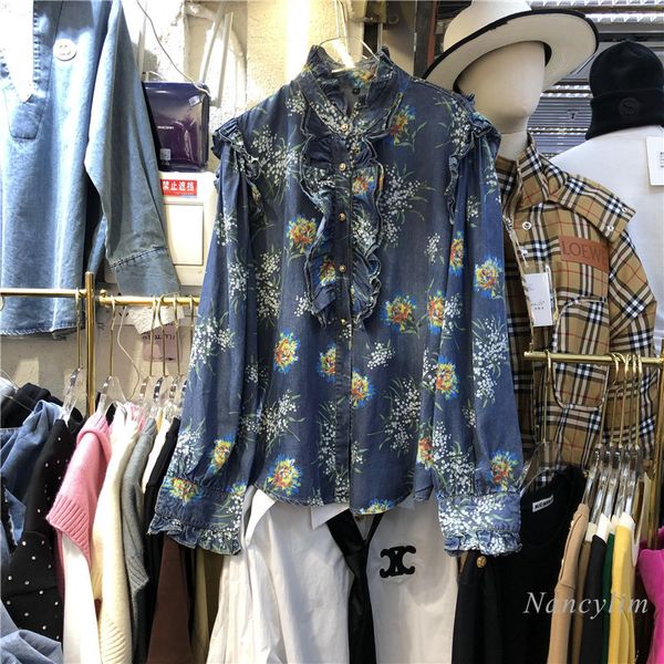 blouses floral print denim shirt women spring lace stand collar breasted sweet long-sleeved female blouse blusa nancylim, White
blouses floral print denim shirt women spring lace stand collar breasted sweet long-sleeved female blouse blusa nancylim, White