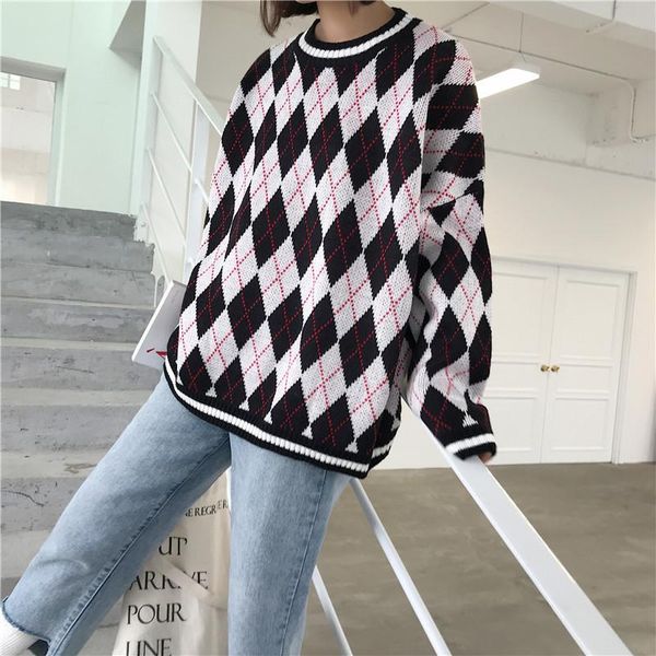 women's sweaters 2021 women autumn winter loose thicken oversize big plaid print knitted pullovers harajuku warm knitting jumper, White;black
women's sweaters 2021 women autumn winter loose thicken oversize big plaid print knitted pullovers harajuku warm knitting jumper, White;black